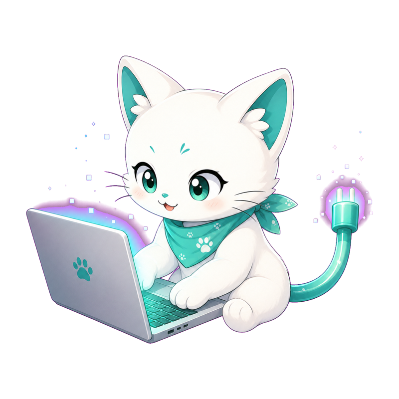 ノートパソコンでコーディングするミライネコ